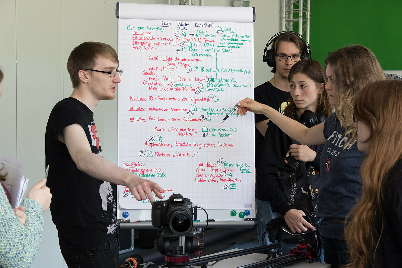 Studierende planen den Aufbau eines Werbefilms